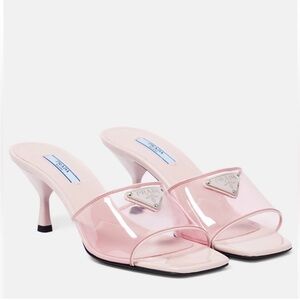 Prada Plexiglass Pink Leather Metal Triangle Logo Mules Sandal Heel EU 38.5